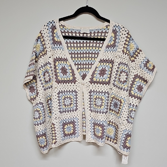 WRAP Multicolor Crochet Granny Square Women Sweater Kimono Cardigan Sz M, NEW